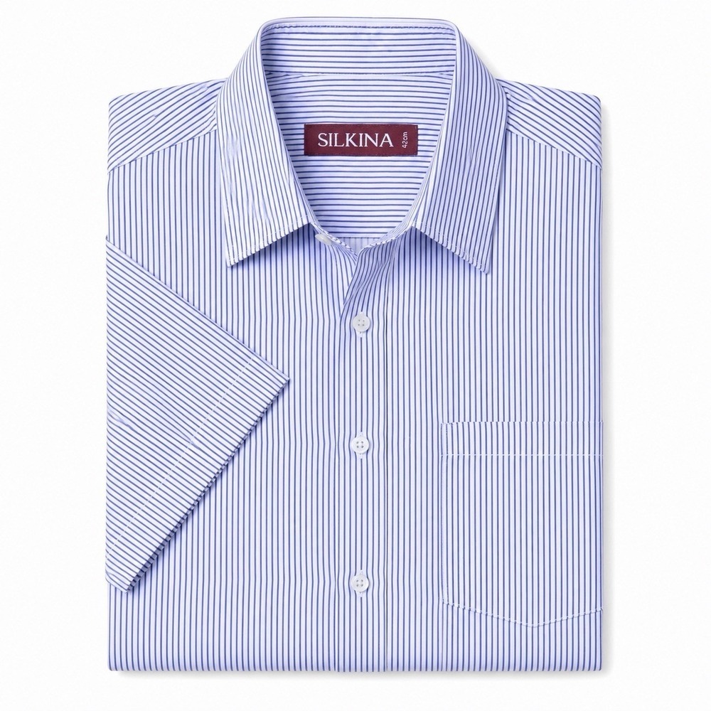 SILKINA Men Blue White Stripe Short Sleeve Button Up Shirt Size Large 42cm